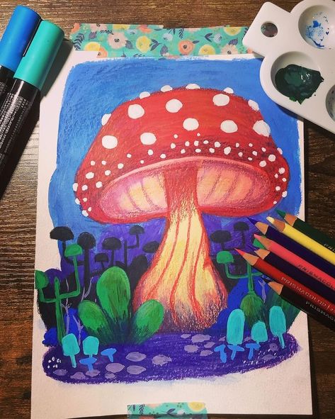 Trying out posca pens for the first time. Really had fun making this. #illustration #mixedmediaart Gauche Painting, Modern Folk Art, Mushroom Drawing, Art Sketches Pencil, Nature Themed, Pen Art, Artsy Fartsy, Art Sketchbook, Beautiful Artwork