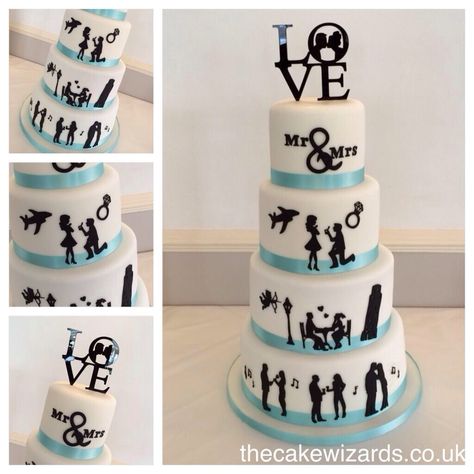 Love story cake Silhouette Cakes, Travel Wedding Cake, Silhouette Wedding Cake, Black And White Wedding Cake, Wedding Cake Ombre, Silver Wedding Cake, Cake Story, Silhouette Cake, Wedding Anniversary Cakes