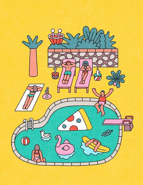 Calendar illustration for Yanolja - July Pool Drawing, Calendar Illustration, Swimming Pool Art, Swimming Pool Party, Party Like Its 1999, Pool Art, Bear Paintings, Retro Graphics, 수채화 그림