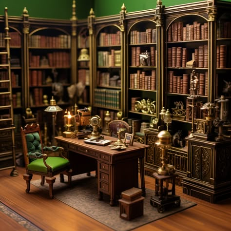 miniature scale green themed library, wooden furniture, Victorian style Library Dollhouse, Miniature Library Room, Library Miniature, Library Diorama, Victorian Miniatures, Miniatures Display, Victorian Library Room, Miniature Library, Victorian Dollhouse Interior