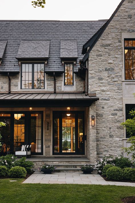 Stone House With Porch, Modern Stone Cottage Exterior, Exterior Transitional Homes, Contemporary Tudor Exterior, Scottish Home Exterior, Stone Exterior Houses Modern, Rustic Stone House, New Houses That Look Old, Stone House Black Windows