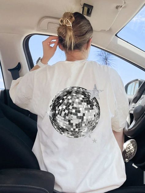 Disco Ball Star Pattern Vintage Crew Neck Casual Loose Fit Short Sleeve T-Shirt White Casual  Half Sleeve Fabric Geometric  Slight Stretch  Women Clothing, size features are:Bust: ,Length: ,Sleeve Length: Disco Ball Outfit Ideas, Disco Ball T Shirt, Disco Ball Shirt, Coldplay Concert Outfit, Balls Shirt, Disco Shirt, Drop Shoulder Tee, Star Pattern, Disco Ball