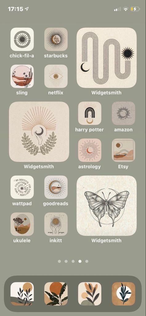 Iphone Home Screen Layout Vintage, Boho Iphone Layout, Boho Ios Homescreen, Boho Phone Theme Ideas, Boho Iphone Wallpaper Aesthetic, Cute Iphone Layout Ideas, Boho Home Screen, Boho Homescreen, Boho App Icons