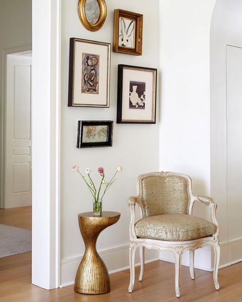 Colleen Waguespack / Designer on Instagram: "My kind of gallery wall which we with collaborated with @annconnellyfineart on to fill the space over a special 3-legged chair🤩 The perfect mix of collected art along with an antique mirror- boom 💥 #gallerywallgoals #finishingtouches #southernmodernstyle" Gallery Wall Mirror, Bedroom Gallery Wall, Mirror Gallery Wall, Gallery Wall Bedroom, Corner Wall, Texas Homes, Antique Mirror, Content Ideas, Accent Chair