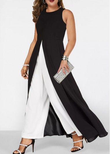 Color:Black;Size:1X;Size:2X;Package Contents:1 X Jumpsuit;Occasion:Party;Style:Elegant;Composition:95% Polyester, 5% Spandex;Washing Instructions:Hand Wash /Machine Washable;Clothing Length:Ankle Length;Neckline:Round neck;Pattern Type:Patchwork;Sleeve&apos;s Length:Sleeveless;Fit Type:Loose;Color Scheme:Black;Decoration:Ruffle;Season:Summer; Black And White Party Outfit Women, Semi Formal Dresses For Wedding, Formal Dresses For Wedding, Wedding Guest Romper, Womens Summer Jumpsuits, Look Rich, Classy Winter Outfits, Bodycon Jumpsuit, Jumpsuit Elegant