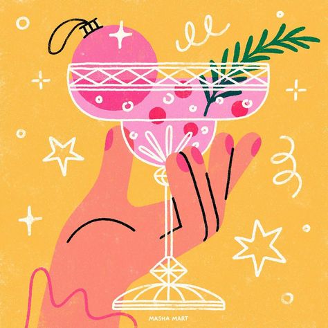 Artwork by Masha Mart. Hand with a drink illustration Drink Illustration, 30 Day Art Challenge, Cocktail Illustration, New Year Illustration, Book Design Layout, Christmas Poster, Last Days, Digital Art Design, Holiday Illustrations