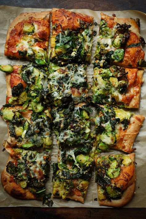 Healthyish Kale & Cheese Pizza - Kate-Cooks Kale Pizza Recipes, Kale Pizza, Sauteed Greens, Make Your Own Pizza, Shredded Brussel Sprouts, Pizza Recipes Dough, Pizza Sauce, Dough Recipe, On Repeat