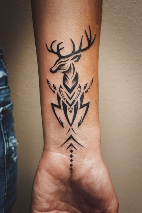 Forearm tattoo of a stylized geometric deer. Tattoo Ideas Deer, Hunting Tattoos For Women, Female Deer Tattoo, Native Tattoos For Women, Deer Tattoos For Women, Bow Hunting Tattoos, Unique Tattoo Ideas For Women, Deer Tattoos, Elk Tattoo