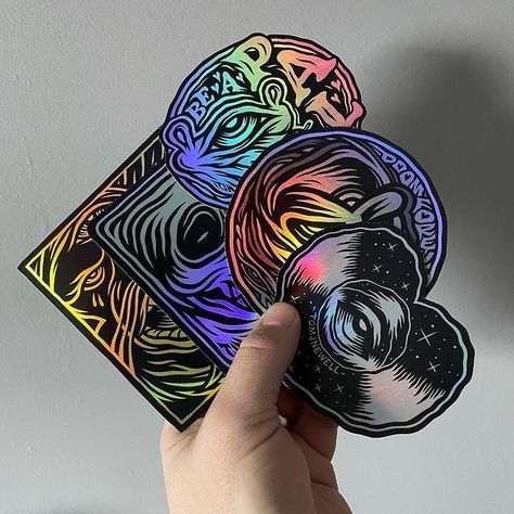 Holographic Stickers Design, Holo Stickers, Holographic Stickers, Tattoo Shop Interior, Holographic Print, Hologram Stickers, Typography Poster Design, Skulls And Roses, Logo Set