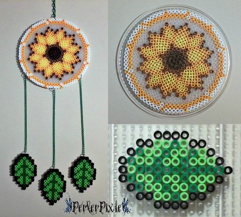 Sunflower Fuse Beads, Perler Bead Dream Catcher Pattern, Sunflower Dreamcatcher, Melted Bead Crafts, Hamma Beads Ideas, Easy Perler Bead Patterns, Melty Bead Patterns, Pearl Beads Pattern, Easy Perler Beads Ideas