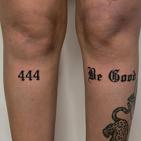 chloe on Instagram: "444 and Be Good in Old English Script today! Thankyou Alice!! 🖤🖤🖤(Especially for being patient with my stencilling!!) #tattooapprentice #apprenticetattooartist #femaletattooartist #femaletattooer #scripttattoo #oldenglish #blackwork #blackworktattoo #blacktattoos #darkart #darktattoo" Old English 444 Tattoo, 444 Tattoo Old English Font, 444 Old English Tattoo, Old English Numbers Tattoo, Old English Script, Old English Tattoo, Side Stomach Tattoos, Tattoo Pierna, Stomach Tattoos Women