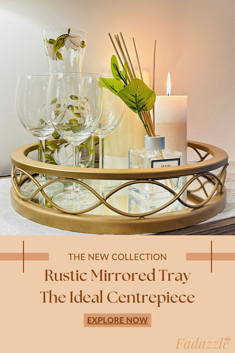 Enhance your home's charm with our rustic-inspired mirrored gold tray. This versatile piece is a perfect canvas for showcasing your favorite décor items. Place it on a tableside, mantle, or any space that needs a touch of sophistication. Elevate your interior décor with this timeless accent! Mirrored Tray Centerpiece, Gold Mirror Tray, Coffee Table Arrangements, Tray Centerpiece, Vanity Organizer, Mirrored Tray, Lucite Tray, Candle Decoration, Dining Room Centerpiece