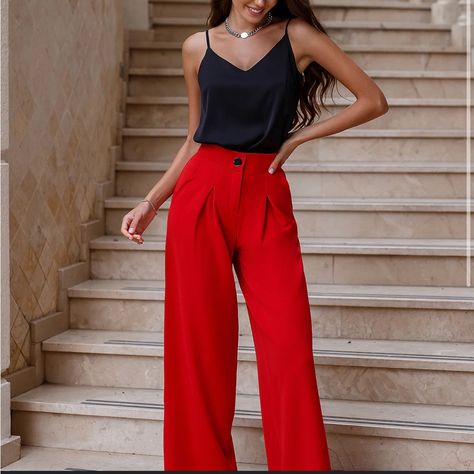 Miss Selfridge Red Pants Size 8 Never Worn Outfit Pantalon Rojo, Office Pants Women, Red High Waisted Pants, Palazzo Outfit, Red Pants Outfit, Formal Pants Women, Red Wide Leg Pants, Silk Cami Top, Top Bustier