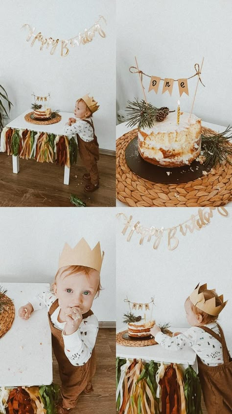 Wood Theme Party 1st Birthdays, Simple Wild One Birthday Party, Into The Woods Birthday Theme, 12 Month Photo Display Birthday Ideas, Woods First Birthday Party, One Year Old Simple Birthday, Nature 1st Birthday Party, Minimalist One Year Old Birthday Party, Woods Themed First Birthday