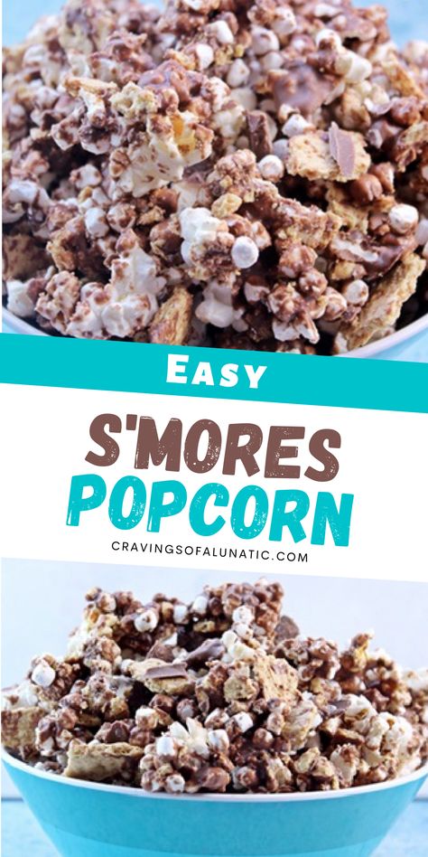 This S'mores Popcorn is incredibly easy to make and is packed with chocolate, marshmallows and graham crackers. It's the perfect sweet treat! Candy Popcorn Balls, Smores Popcorn, Fritatta Recipe, Chex Recipes, Cinnamon Chex, Smores Party, Chocolate Smores, Marshmallow Popcorn, Golden Grahams