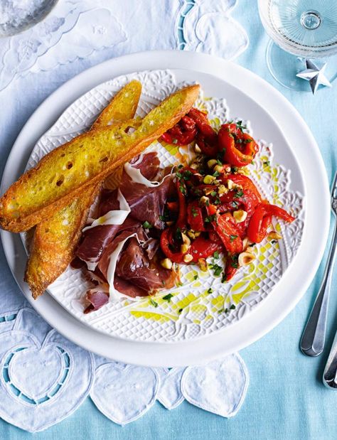 Recipe: Ibérico ham with peppers, hazelnuts and parsley Salmon Starters, Things To Make For Dinner, Nice Meals, Iberico Ham, Latest Food Trends, Sainsburys Recipes, Food Essentials, Parsley Recipes, Flavour Combinations