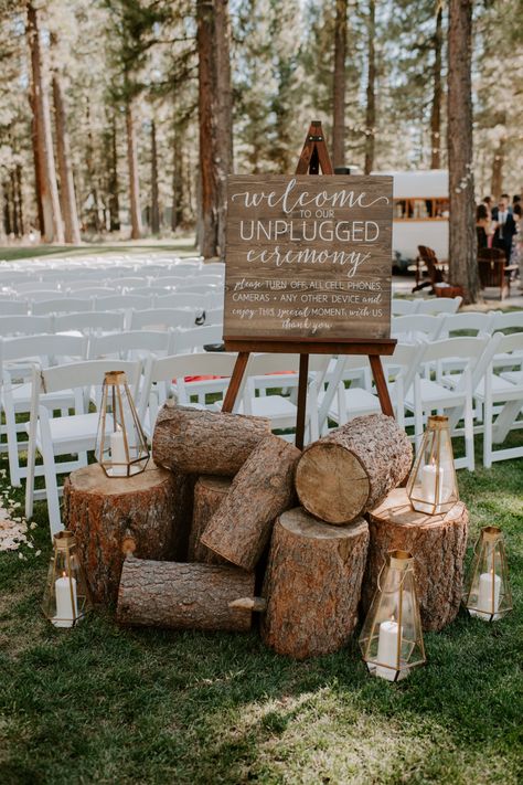 Logger Themed Wedding, Wooden Stumps Wedding Ceremony, Outdoor Wood Wedding Ideas, Outside Ceremony Decorations, Seating For Outdoor Wedding, Wood Stumps Wedding, Forest Wedding Activities, Small Woods Wedding Ceremony, Cabin In The Woods Wedding