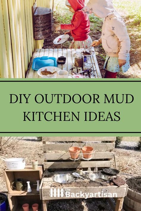 Check out these fun DIY outdoor mud kitchen ideas to do with your kids in your backyard. Free Mud Kitchen Plans, Outdoor Mud Kitchen Diy, Mud Kitchen Organization, Diy Outdoor Kitchen Kids, Mud Kitchen Diy How To Build, Kids Outdoor Kitchen Diy, Mud Kitchen Accessories Ideas, Cinder Block Mud Kitchen, Outdoor Play Kitchen Diy