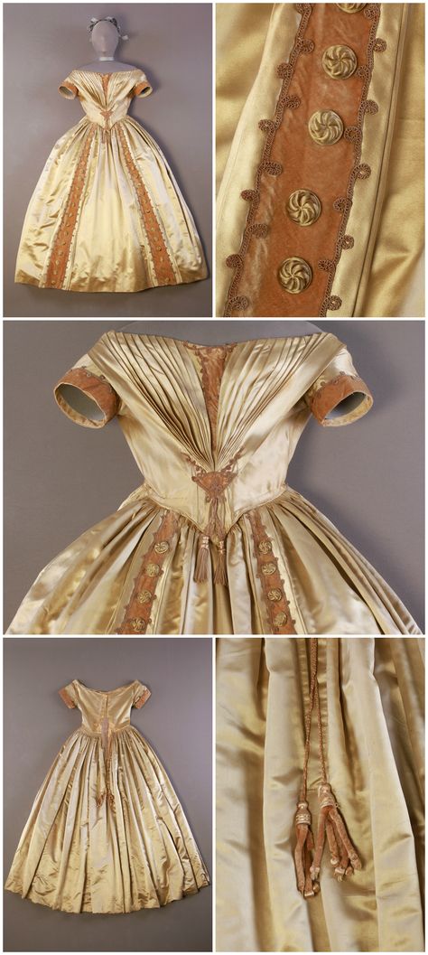 Coming-out dress, 1839-43. Satin, velvet, cotton. Collection of Agnes Etherington Art Centre, Queen's University. Satin Victorian Dress, 1860s Ballgown, 1849 Fashion, Historical Fashion Victorian, Victorian Bodice, Victorian Ball Gowns, 1800's Dress, 1830s Fashion, Victorian Era Fashion