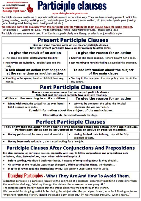 PARTICIPLE CLAUSES - BEST GRAMMAR SHEET Participle Clauses, Clauses Grammar, New Words In English, Word Transformation, University Organization, Dependent Clause, Parts Of A Sentence, Esl Grammar, Linking Words