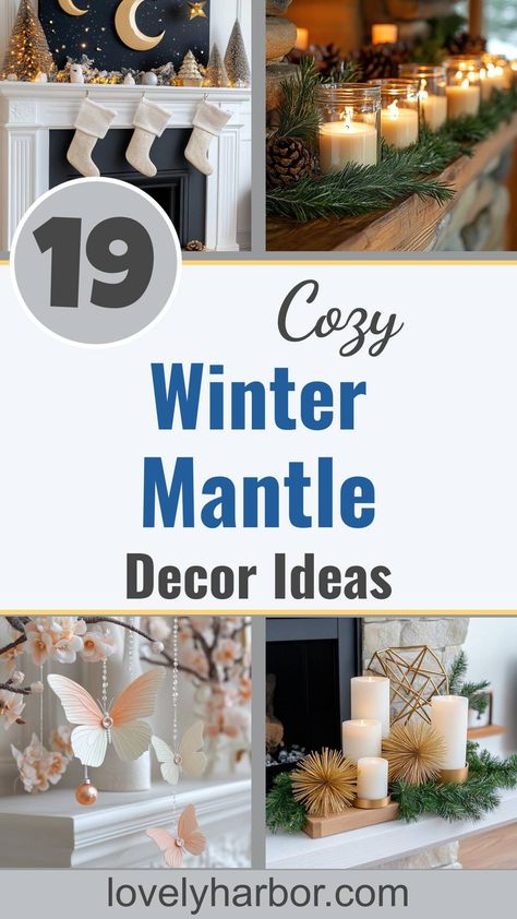 19 Best Winter Mantle Decor Ideas To Cozy Up Your Home In 2024 Home Mantle Decor Ideas, Living Room Decor Mantle, Simple Mantle Decor Modern, Mantel Winter Decorating Ideas, Winter Decor Entry Table, Winter Built In Decor, High Mantel Decorating Ideas, Winter Home Decor January Mantle Ideas, Snowflake Mantel Decor