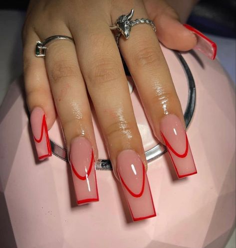 Red Nail Tips Acrylic, Cute Simple Valentines Nails Red, Red And White Nails Coffin, Red Outline Nails, Red And Pink Acrylic Nails, Red Nail Ideas Coffin, Red Acrylic Nails Designs, Trendy Nails Red, Nail Art Designs Short