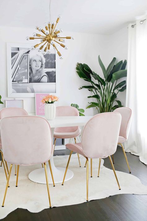 How I Found My Dream Dining Chairs! - A Beautiful Mess Pink Chairs, Velvet Dining Chair, Pink Home Decor, Dining Room Inspiration, White Rooms, Velvet Dining Chairs, Ikea Hacks, Office Chairs, Window Seat