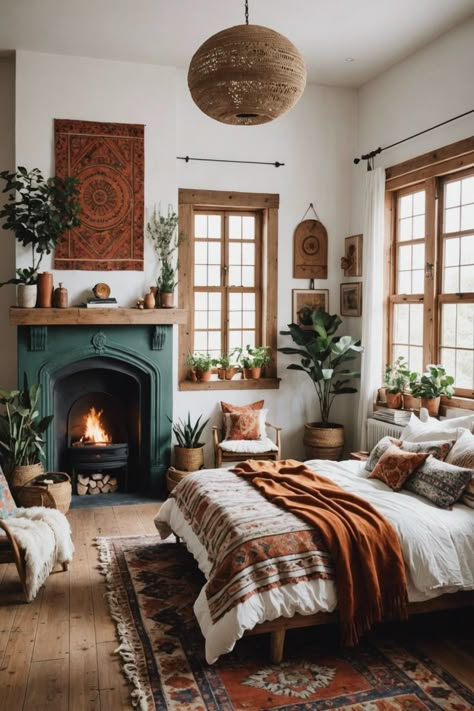 House Interior Aesthetic Bedroom, Boho Antique Bedroom, Rustic Bedroom Inspirations, Warm Wood Bedroom, Themed Bedroom Ideas For Adults, Cabin Bedroom Ideas Rustic, Rustic Modern Bedroom Ideas, Accent Bedroom Wall Ideas, Desert Inspired Bedroom