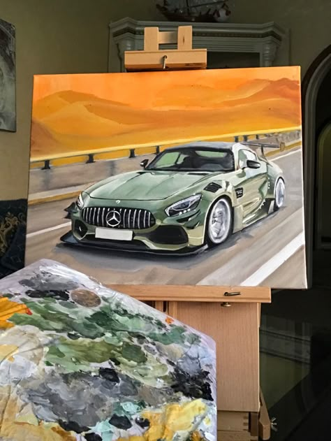 Simple Realism Painting, Aesthetic Car Painting, Car Painting Aesthetic, Cars Canvas Painting, Mercedes Painting, Car Acrylic Painting, Car Painting Ideas, Car Art Painting, Car Painting Canvas