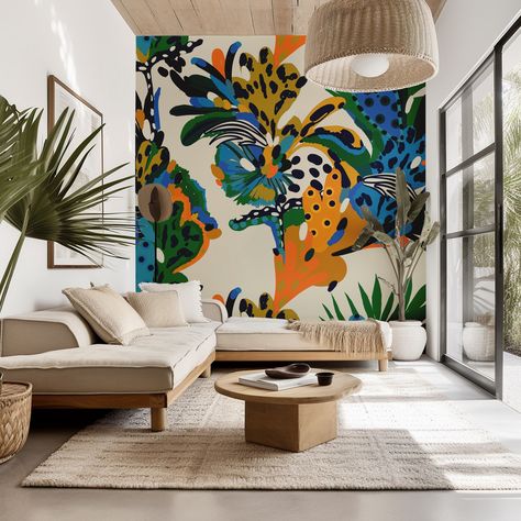 If you're looking for a wallpaper to do the talking, then our Orange & Blue Exotic Mural might be for you. An absolute explosion of colour and pattern, this modern mural will transform your interior and enliven your space. As always, our murals are available in traditional pasteable and removable peel and stick material. #modernmural #tropicalmural #exoticmural #muralwallpaper #featurewallpaper #interiorinspo #homedecor Abstract Murals, Modern Abstract Art Wall Mural Wallpaper, Tropical Abstract Wallpaper, Abstract Outdoor Mural, Abstract Plant Wall Mural, Trippy Tree Mural, Modern Mural, A N Wallpaper, Feature Wallpaper