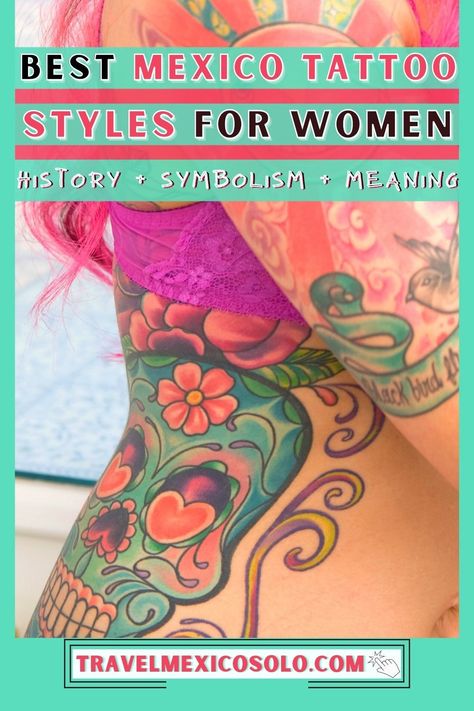 Tattoos That Represent Mexico, Mexican Pride Tattoo For Women, Mexican Folklore Tattoo, Latina Sleeve Tattoo, Mexican Tattoo For Women Inspiration, Traditional Mexican Flower Tattoo, Morelia Tattoo, Traditional Mexican Tattoo For Women, Feminine Mexican Tattoos