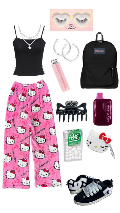 this is my first day of school fit #clothes #hellokitty Pj Ideas For School, School Pj Day Outfits, School Pajama Day Outfits, Pj Outfit For School, Pj Day Spirit Week Outfits, Pj Day At School, Hello Kitty Clothing, My First Day Of School, First Day Of School Fits