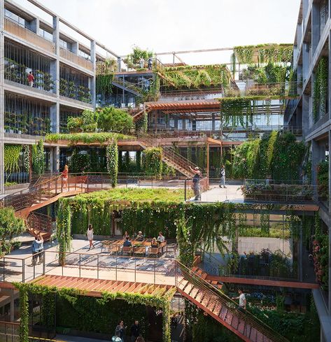 HENN's vertical farmhouse encloses grid terraced roof garden between two blocks in berlin Hybrid Building, Social Housing Architecture, Vertical Farm, Atrium Design, Renovation Architecture, India Architecture, Urban Landscape Design, Concrete Building, Timber Structure