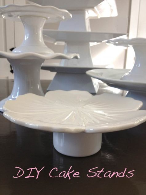 DIY Cake Stands: For Only a Few Dollars, You Can Make a Cake Stand That'll WOW The Hostess. Cake Stand Diy, Diy Cake Stands, Games Cake, Pallet Deck Diy, Whiskey Cake, Diy Cake Stand, Cake Stand Display, Cake And Cupcake Stand, Make A Cake