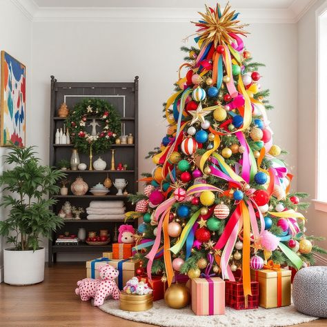 Step into a world of vibrant Christmas magic with our maximalist rainbow tree that ignites festive joy! Draped in dynamic ribbons and brimming with multicolored ornaments, this tree is the epitome of playful elegance. Don’t miss the eclectic details—each bringing a unique spark of creativity. Follow us for chic, imaginative holiday inspiration! #ChristmasInteriors #ModernChristmasDecor #FestiveHolidayHomeDecor #WePlayAmongYou Bright Xmas Tree, Maximalist Christmas Tree, Entry Way Table Christmas Decor, Multicolored Christmas Tree, Eclectic Christmas Tree, Eclectic Christmas Trees, Christmas Tree Goals, Maximalist Christmas, Halloween Interior