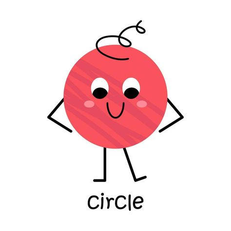 Vector red circle shape character. Cute basic round geometric figure with face. Cute funny smiling shape character for kids and children. Circle poster for school and kindergarten. Circle Character, Basic Shapes Design, Poster For School, Circle Cartoon, Circle Poster, Shapes Kindergarten, Circle Vector, Hand Clipart, Shape Collage