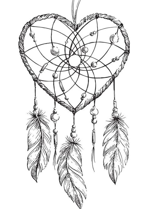 Heart Shaped Dream Catcher, Sketch For Tattoo, Atrapasueños Tattoo, Heart Coloring Page, Dream Catcher Coloring Pages, Dreamcatcher Drawing, Dream Catcher Drawing, Tattoo Poster, Dream Catcher Tattoo Design