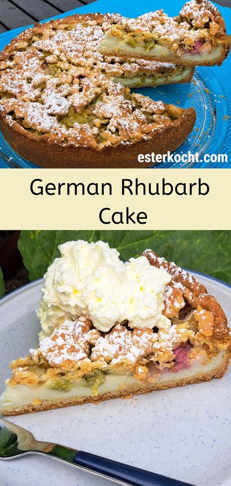 Learn how to make this easy to make, fruity, creamy, and delicious German rhubarb cake. #germancusine #cakesanddesserts #rhubarbcake #bakingwithrhubarb #rhubarbrecipes #grandmasrecipe #puddingcake Rhubarb Meringue Cake, German Rhubarb Streusel Cake, German Rhubarb Cake, Rhubarb Tart Recipe, Rhubarb Pretzel Dessert, Rhubarb Recipes Cake, Rhubarb Torte, Rhubarb Bundt Cake, Rhubarb Danish