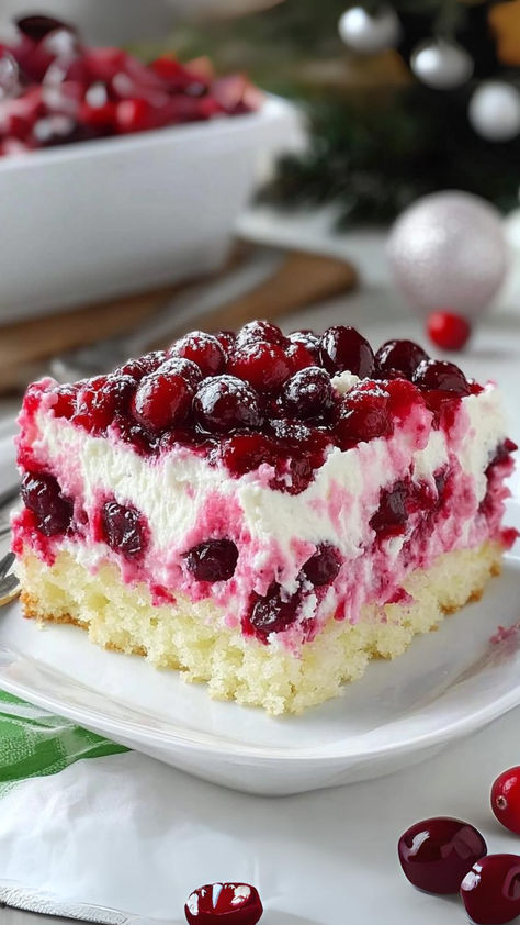 Christmas Cranberry Poke Cake - Valerie Recipes Cranberry Topping, Cranberry Bog, Christmas Cranberry, Soft Cake, Creamy Frosting, Poke Cakes, Frozen Cranberries, Decadent Cakes, Homemade Whipped Cream