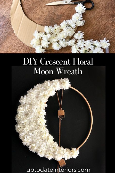 How to Create A Crescent Floral Moon Wreath in a Few Simple Steps - Up to Date Interiors Diy Crescent Moon Decor, Moon Shaped Wreath, Diy Moon Decor, Artistic Garden, Moon Things, Large Embroidery Hoop, Crafts For Beginners, Crescent Moon Art, Moon Wreath