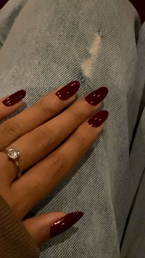 Flaunt your bold style with 30 Trendy Wine Nail Designs Perfect for a Bold, Chic Look! Featuring luxurious wine tones, accented by marble effects, metallic stripes, and subtle shimmer. Ideal for any event, these nails will make a statement. 🍷✨ #WineNailDesigns #BoldLook #ChicNails #NailInspo #TrendyNails #FallNails Deep Red Acrylic Nails Almond, Cherry Red Acrylics, Plain Dark Red Nails, Cherry Oval Nails, Wine Acrylic Nail Designs, Cherry Red Nails Aesthetic, Cherry Cola Red Nails, Basic One Color Nails, One Color Gel Nails