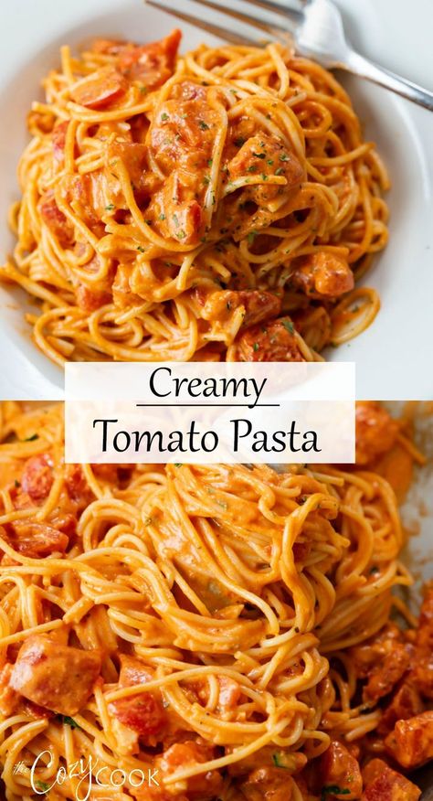 This Creamy Tomato Pasta is the perfect pasta recipe for the whole family! Budget friendly and easy to make, this 20 minute one pot meal can be served by itself or with chicken! #budgetmealplanning #30minutemeals #saucerecipes #italianrecipes Creamy Tomato Pasta Recipes, Steak Shrimp, Creamy Spaghetti, Cream Cheese Pasta, Cozy Cook, Creamy Tomato Pasta, Tomato Pasta Recipe, Meatless Meal, Cozy Dinner