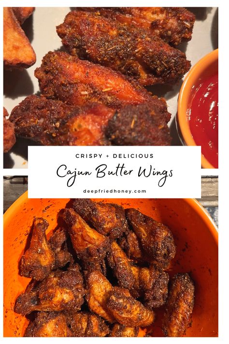 Crispy Cajun Butter Wings • deepfriedhoney Cajun Butter Wings, Wing Stop Cajun Wings Recipe, Carnivore Chicken Wings Recipe, Cajun Wings Recipe Dry Rubs, Side Ideas For Chicken, Creamy Cajun Garlic Butter Wings, Chicken Wing Boil Cajun, Thanksgiving Chicken Wings, Cajun Dry Rub Wings