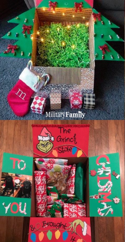 Christmas Care Package Ideas Friends, Deployment Christmas Card, Deployment Christmas Care Packages, Christmas Deployment Box Ideas, Christmas Deployment Care Packages, Christmas Care Package Military, Christmas Box Gift Ideas, Military Christmas Care Package, Christmas Package Ideas Boxes