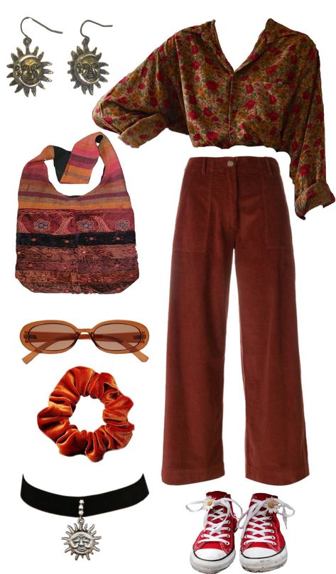 70s Boho Rock Fashion, Classy Hippie Outfits, Ghiblicore Fashion, Retro Outfits 70s Hippie, Whimsigoth Pants Outfit, Hippie Core Aesthetic, Earthy Clothing Style, Artsy Wardrobe, Cropped Cardigan Outfit