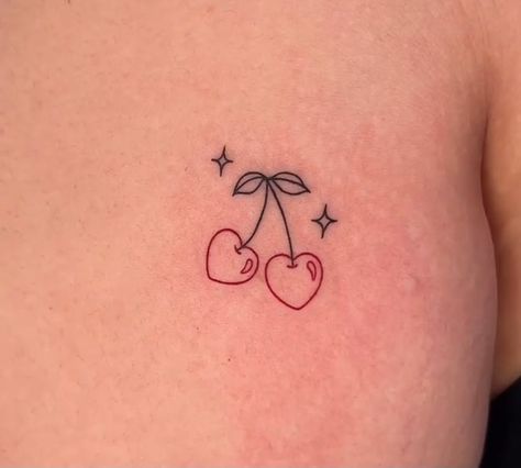 Cute Coquette Tattoos, Minimalist Cherry Tattoo, Cherry Behind Ear Tattoo, Heart Shaped Cherry Tattoo, Cherry Hearts Tattoo, Harry Styles Cherry Tattoo, Cherry Hip Tattoo, Little Cherry Tattoo, Small Tattoos Chest