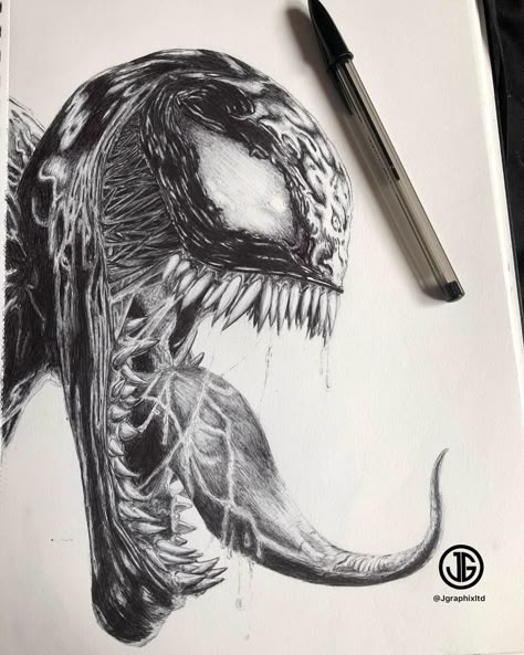 Fan artwork of venom using a thick bic biro pen. Drawn by Jonathan Ellington for more artwork. follow on my Instagram.  @jgraphixltd Black Pen Sketches, Biro Drawing, Draw Tattoo, Charcoal Artwork, Marvel Art Drawings, Ballpoint Pen Art, Venom Art, Ink Pen Art, Pencil Portrait Drawing