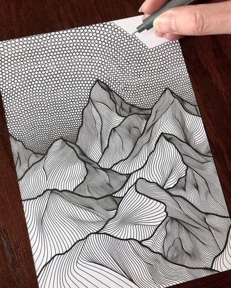 Drawing Mountains, Pen Art Drawings, Doodle Art Drawing, Architecture Drawing Art, Zentangle Drawings, Sketchbook Art, Doodle Art Designs, A Pen, Zentangle Art