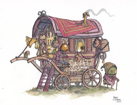 Frog's Travelling Wagon on Behance Fantasy Caravan Wagon Art, Wagon Concept Art, Dnd Wagon, Fantasy Wagon, Fantasy Caravan, Wagon Drawing, Wagon Illustration, Irish Illustration, Caravan Wagon