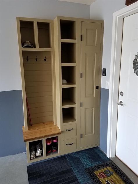 We needed a broom closet and storage in our garage. Bench area to put on shoes or boots, with shoe/boot storage below. We live in a northern climate and use our garage as a refrigerator in the winter time, so the shelves are to store items on, and drawers to install misc. outdoor items. Garage Boot Bench, Small Broom Closet, Diy Broom Closet, Lark Bunting, Garage Bench, Laundry Closet Makeover, Michigan Decor, Diy Closet Storage, Broom Storage